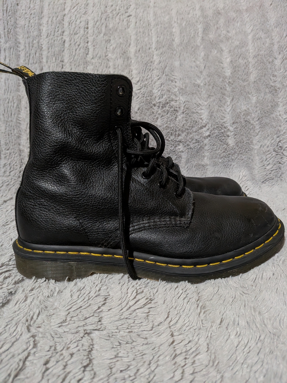 Dr. Martens Black Leather Lace-Up Boots with Yellow Welt Stitching